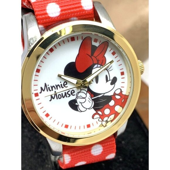 Disney Women\'s Watch Minnie Mouse Quartz Two Tone Red Polka Dot Strap W0…